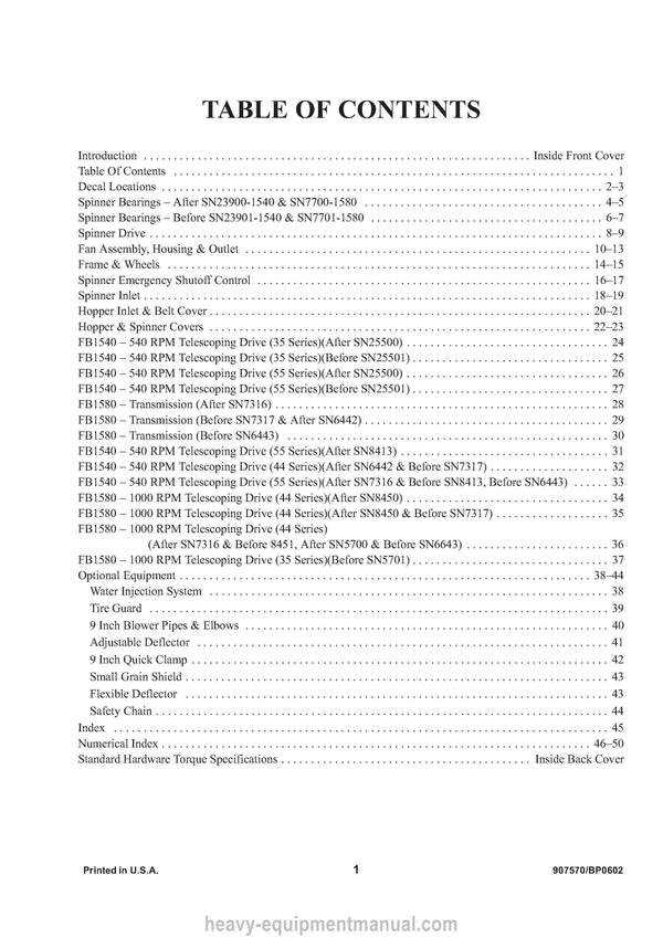 Gehl 1540 1580 Forage Blower Parts Manual 907570B 2002