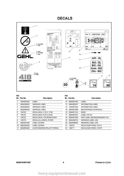 Gehl 418 Wheel Loader Parts Manual 