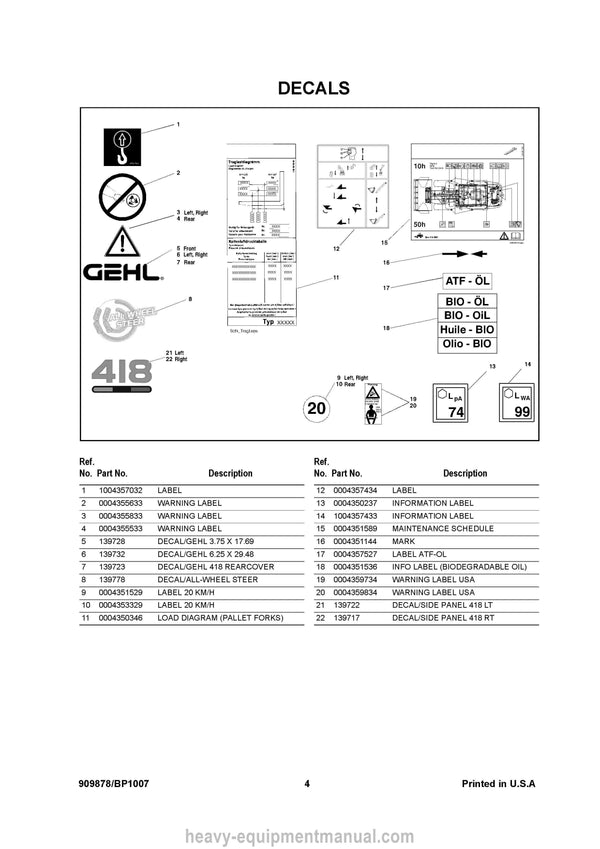 Gehl 418 Wheel Loader Parts Manual 