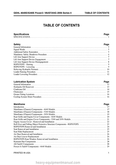 Gehl 4640E 5240E Power2 Mustang 2056 Series II Skid Steer Loader Service Manual 50950037