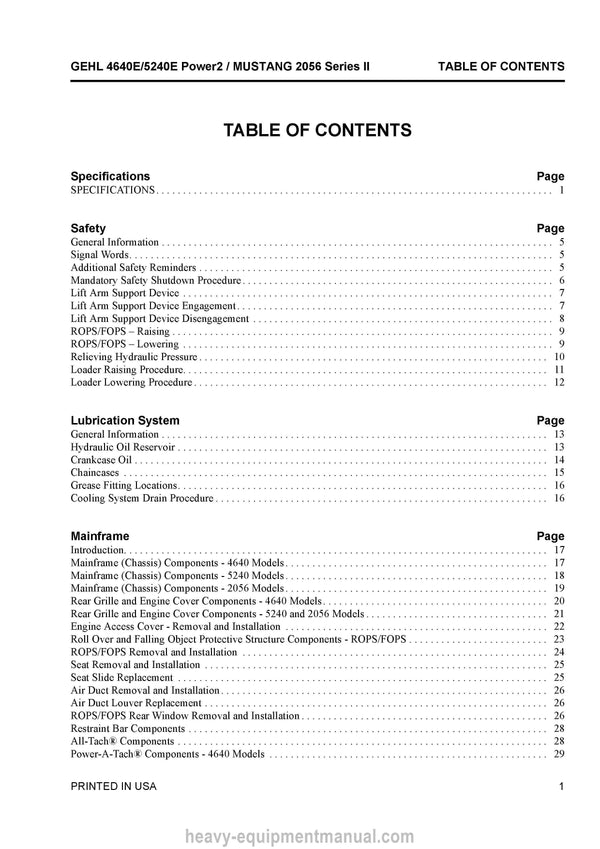 Gehl 4640E 5240E Power2 Mustang 2056 Series II Skid Steer Loader Service Manual 50950037