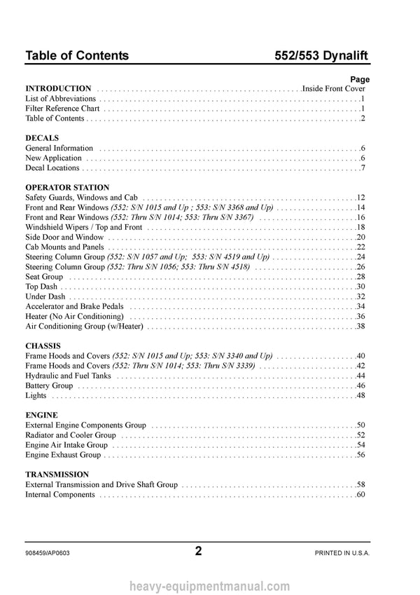 Gehl 553 552 Dynalift® Telescopic Boom Forklift (908459) Parts Manual 