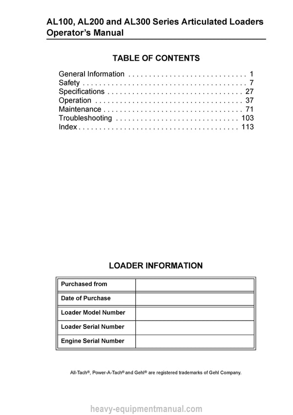 Gehl AL140 AL240 AL340 Articulated Loader Operator Manual 918441A PDF Download
