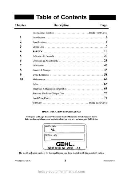 Gehl AL730 Telescopic Loader Operator Manual 908448A PDF Download