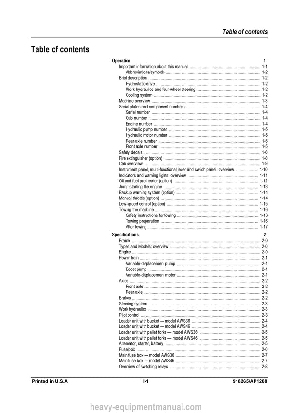 Gehl AWS36 AWS46 Wheel Loader (918265A) Service Repair Manual PDF