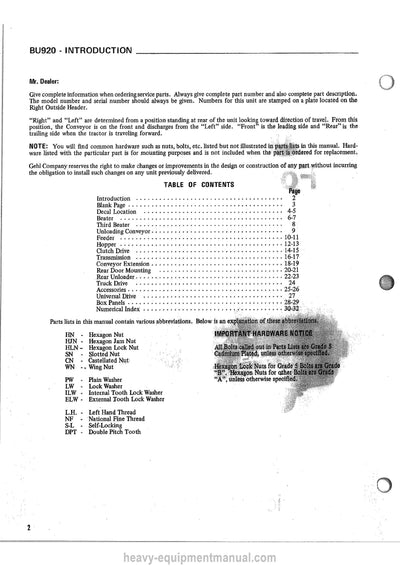 Gehl BU920 Forage Box Service Parts Manual 901938A