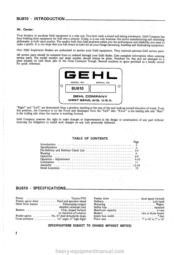 Gehl BU 610 Forage Box Operators Manual 901651A