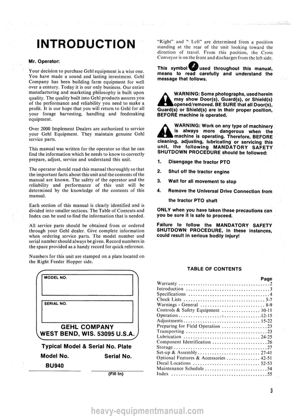 Gehl BU 940 Forage Box Operators Manual 902848B