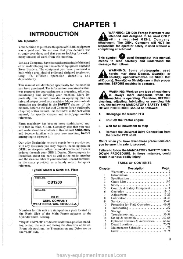 Gehl CB1200 Forage Harvester Operators Manual 902485A
