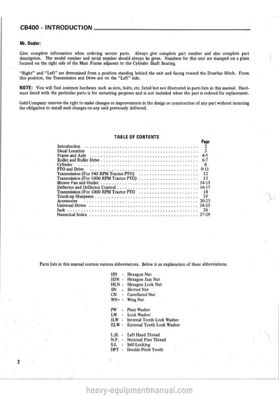 Gehl CB400 Forage Harvester Service Parts Manual 901669A