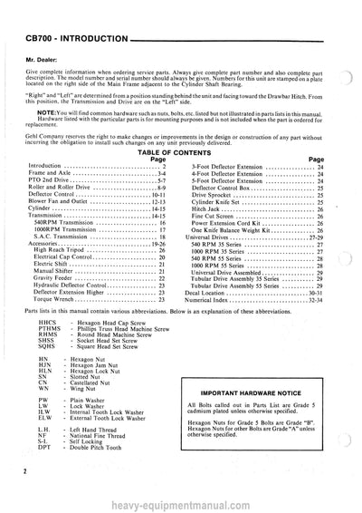 Gehl CB700 Forage Harvester Service Parts Manual 901988