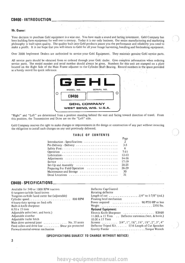 Gehl CB 400 Forage Harvester Operators Manual 901557A