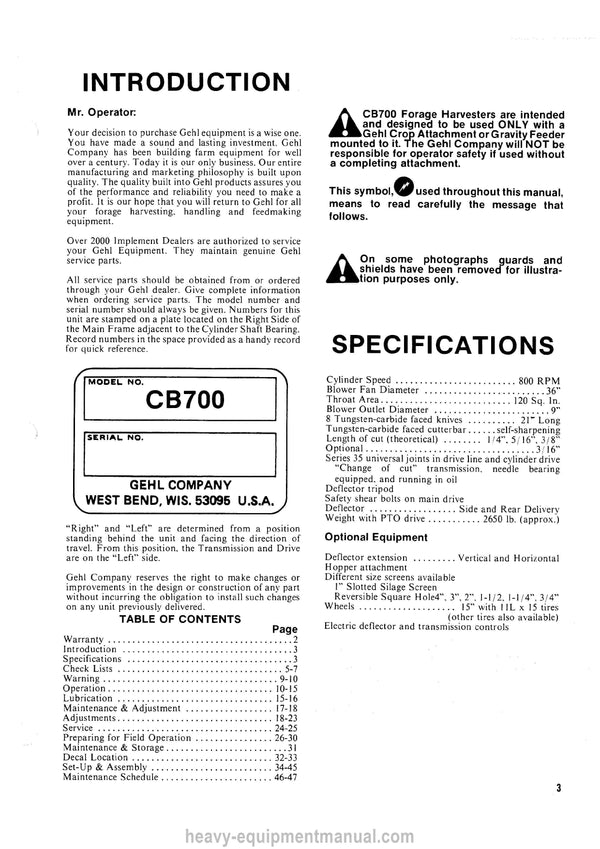 Gehl CB 700 Forage Harvester Operators Manual 902106A