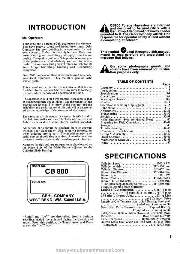 Gehl CB 800 Forage Harvester Operators Manual 902207A