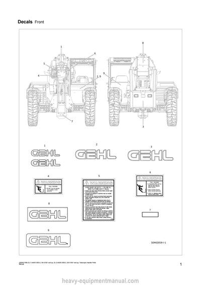 2019 Gehl DL11-4455 GEN3 DL12-4055 GEN3 Telescopic Handler (50960178B) Parts Manual 