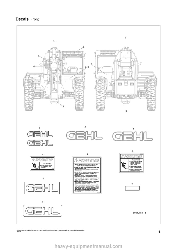 2019 Gehl DL11-4455 GEN3 DL12-4055 GEN3 Telescopic Handler (50960178B) Parts Manual 