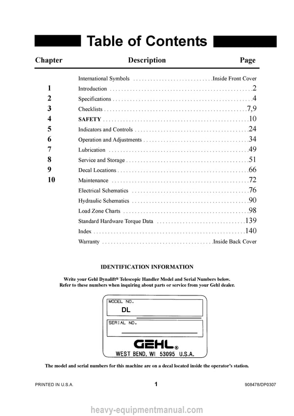 Gehl DL6H DL6L DL10H DL10L DL8H DL8L DL12H Telescopic Handler Operator Manual 908478D