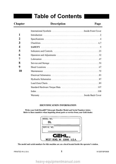 Gehl DL7-44 DL9-44 DL11-4455 DL11-55 DL12-40 Telescopic Handler Operator Manual 913287B