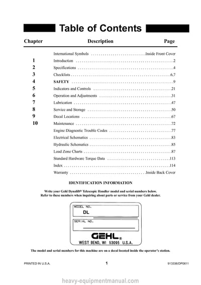 Gehl DL7H DL7L DL9H DL11H DL11L DL12H Telescopic Handler Operator Manual 913336D