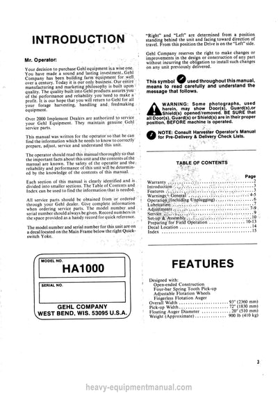 Gehl HA1000 Hay Attachment Operators Manual 902335A