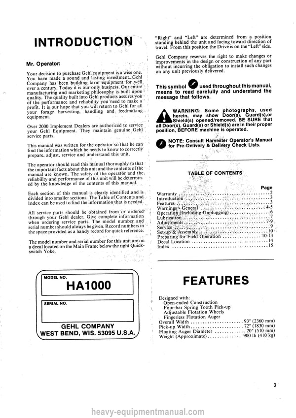 Gehl HA1000 Hay Attachment Operators Manual 902335A