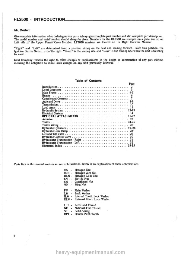 Gehl HL2500 Skid Loader (901213A) Service Parts Manual Download PDF