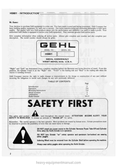 Gehl HS601 Knifer Grinder Owner Service Parts Manual 901460C