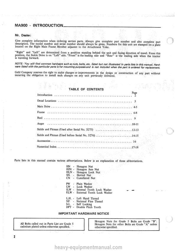 Gehl MA900 Mower Attachment Service Parts Manual Download PDF
