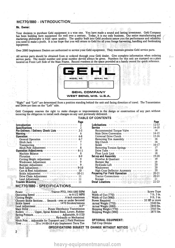 Gehl MC770 MC880 Mower Conditioner Operators Manual 901825A