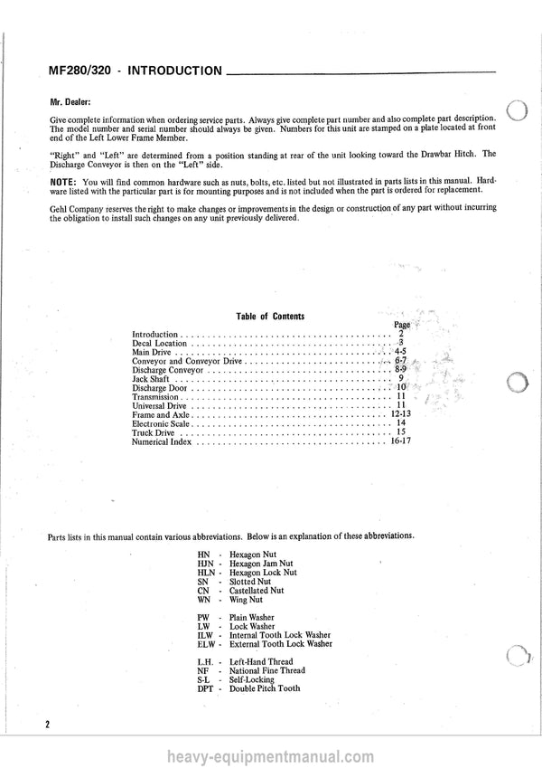 Gehl MF280 MF320 Mixer Feeder (900876) Service Parts Manual PDF