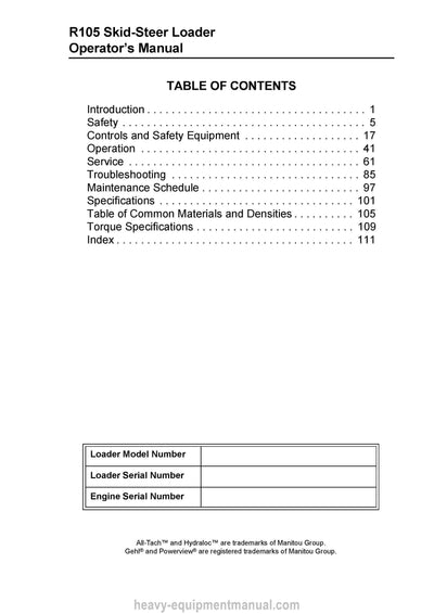 Gehl R105 Skid-Steer Loader Operator Manual (50950260G) PDF Download