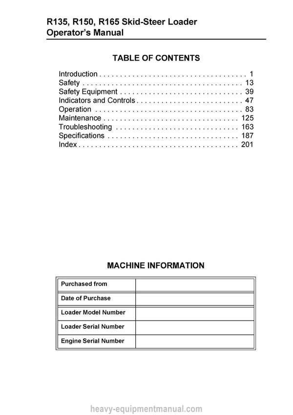 Gehl R135 R150 R165 Skid-Steer Loader (50940193M) Operator Manual PDF Download