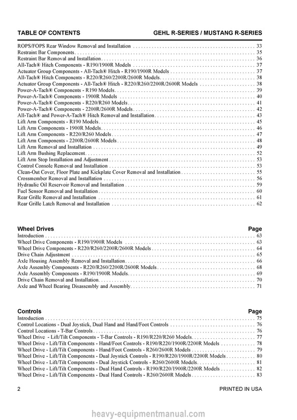 Gehl R190 R220 R260 Manitou/Mustang 1900R 2200R 2600R Skid Steer Loader Service Repair Manual 50950134-D