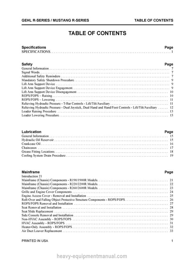 Gehl R190 R220 R260 Manitou/Mustang 1900R 2200R 2600R Skid Steer Loader Service Repair Manual 50950134-D