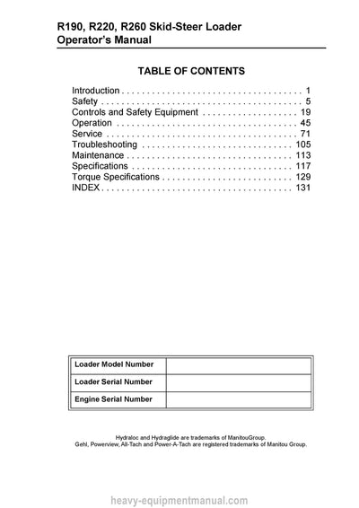 Gehl R190 R220 R260 Skid-Steer Loader (50950106K) Operator Manual PDF Download