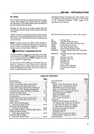 Gehl RB 1400 Baler Service Parts Manual 902510A