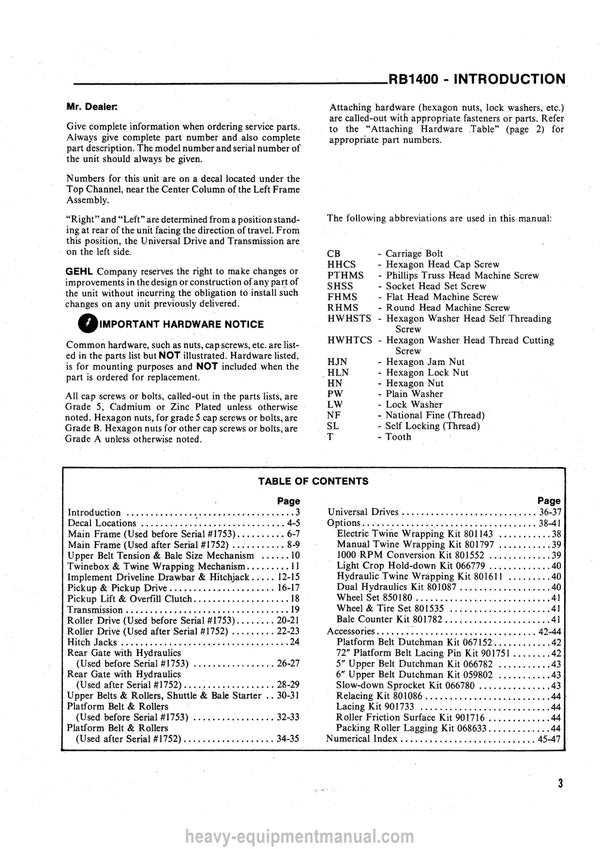 Gehl RB 1400 Baler Service Parts Manual 902510A