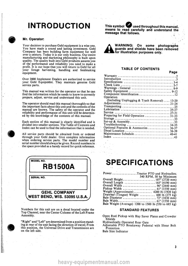 Gehl RB 1500A Baler Operators Manual 902231A