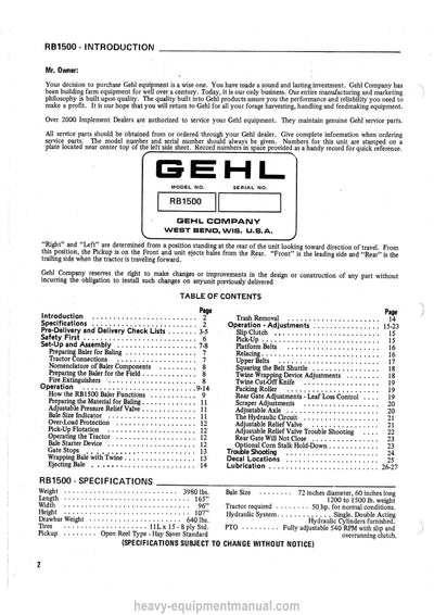 Gehl RB 1500 Baler Owners Manual 901645A