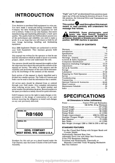 Gehl RB 1600 Baler Operators Manual 902347A