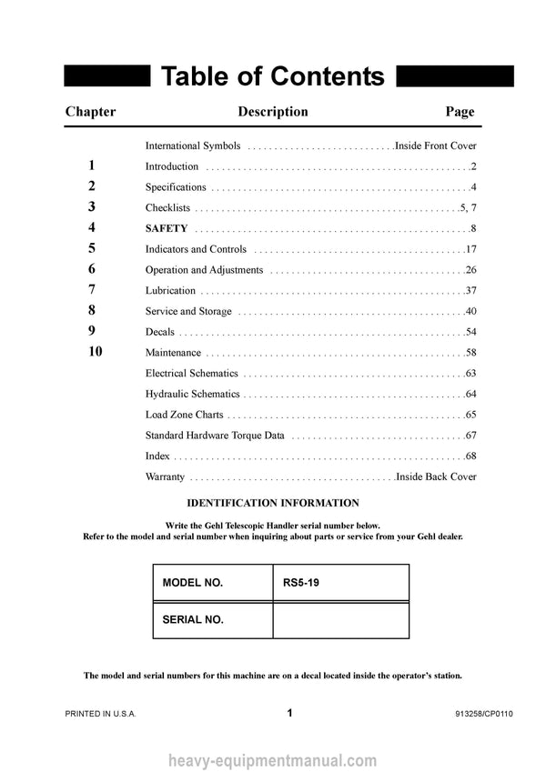 Gehl RS5-19 Telescopic Handler Operator Manual 913258C PDF Download