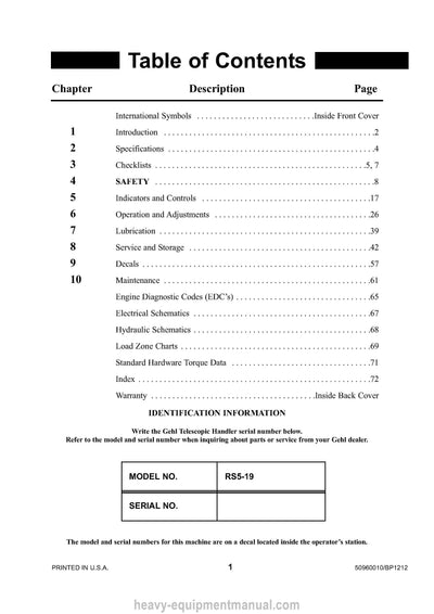 Gehl RS5-19 Telescopic Handler Operator Manual 50960010B PDF Download