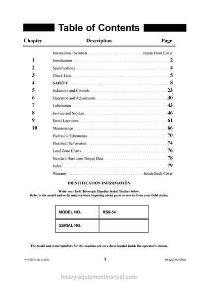 Gehl RS5-34 Telescopic Handler Operator Manual 913227A PDF Download