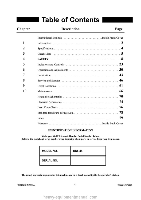 Gehl RS5-34 Telescopic Handler Operator Manual 913227A PDF Download