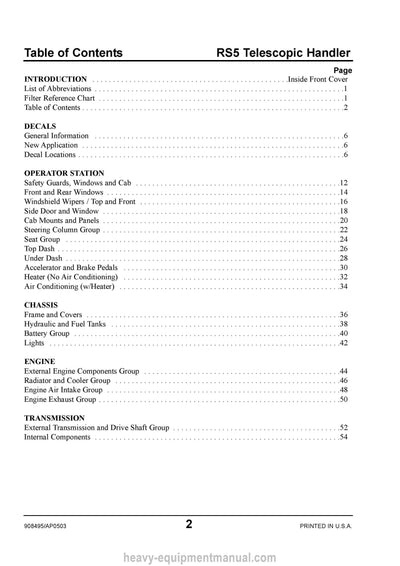 Gehl RS5 Telescopic Handler (908495A) Parts Manual SN 11016-11733 