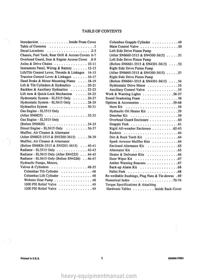 Gehl SL3515 SL3615 Skid-Steer Loader Service Parts Manual 904984A 1991