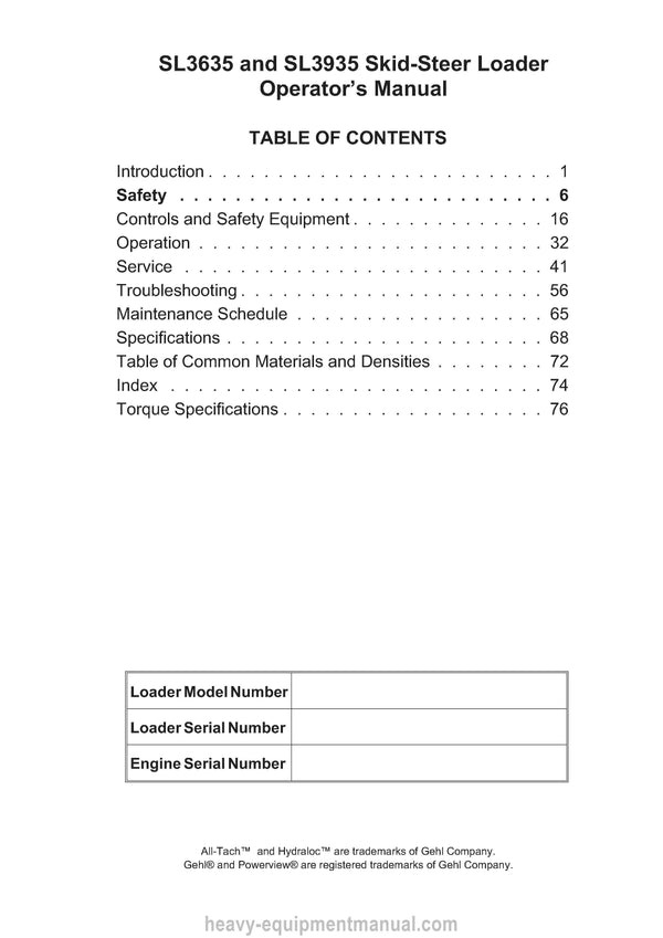 Gehl SL3635 SL3935 Skid-Steer Loader (908268B) Operator Manual PDF Download