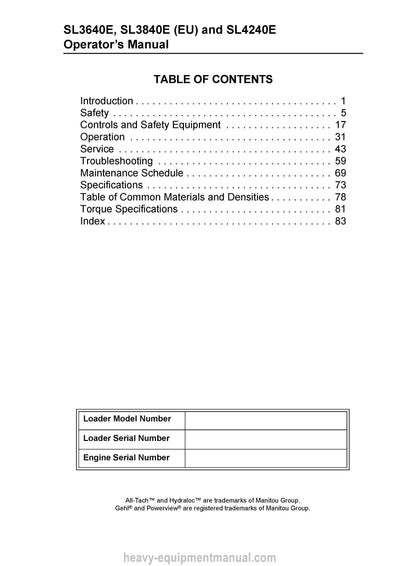 Gehl SL3640E SL3840E SL4240E Skid-Steer Loader (917334C) Operator Manual PDF