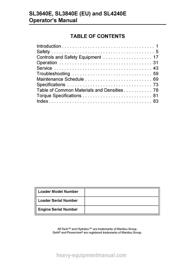 Gehl SL3640E SL3840E SL4240E Skid-Steer Loader (917334E) Operator Manual PDF