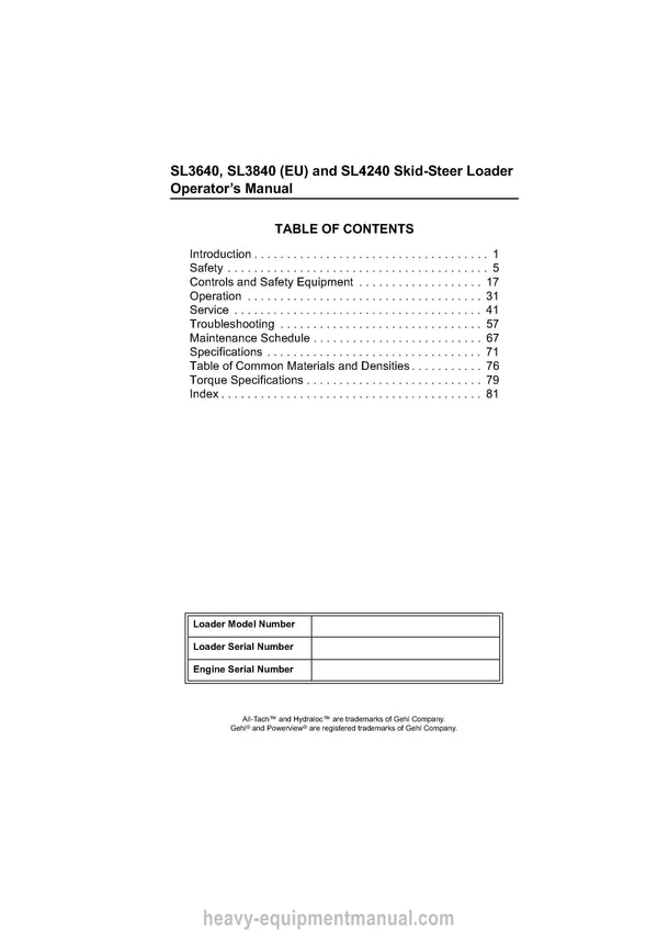 Gehl SL3640 SL3840 SL4240 Skid-Steer Loader (917173A) Operator Manual PDF Download